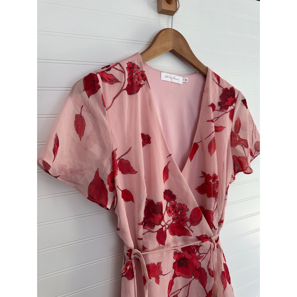 All in Favor Floral Wrap Dress Pink Red Ruffle‎ Hem Small Feminine Cottagecore - Picture 6 of 7